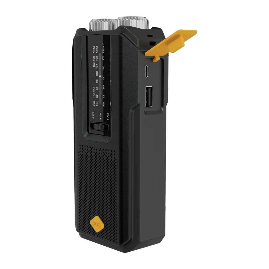 Radio OEM 421-04 FM/AM Batterie rechargeable 2000mAh Noir, côté: échelle de syntonisation, port USB, trappe orange ouverte
