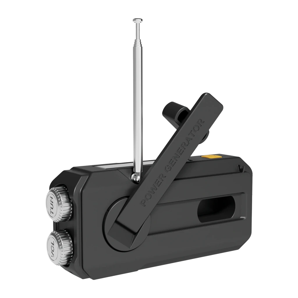 Radio OEM 421-04 FM/AM Batterie rechargeable 2000mAh Noir, vue latérale: manivelle Power Generator déployée, antenne