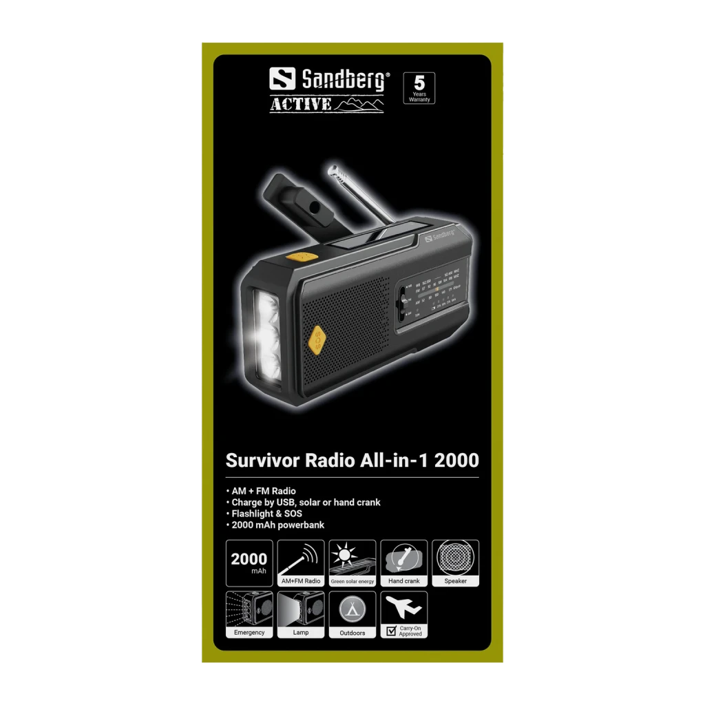 Radio OEM 421-04 FM/AM Batterie rechargeable 2000mAh Noir, boîte: emballage Sandberg Active avec radio, icônes de fonctions