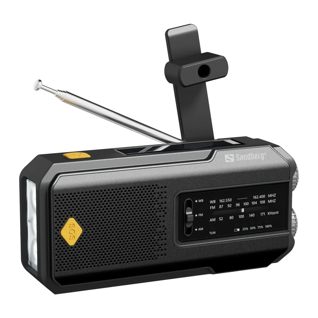Radio OEM 421-04 FM/AM Batterie rechargeable 2000mAh Noir, vue latérale: antenne extensible, haut-parleur, bouton SOS jaune