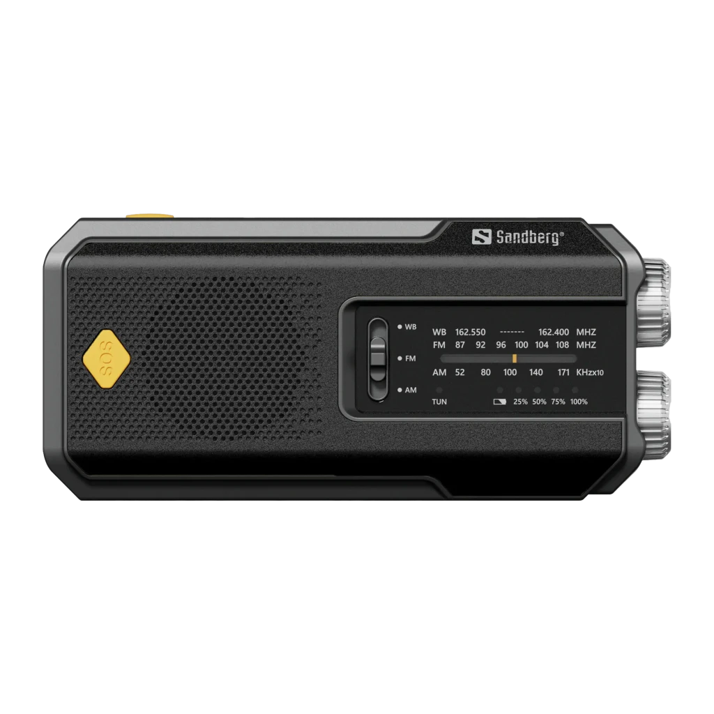 Radio OEM 421-04 FM/AM Batterie rechargeable 2000mAh Noir, vue de face: grille haut-parleur, cadran FM/AM/WB et bouton SOS