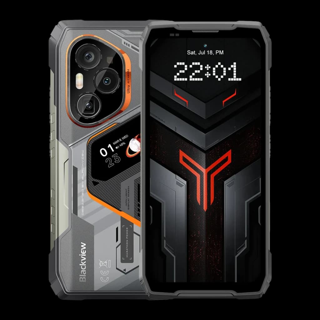 Blackview XPLORE 6 18GB/512GB Preto MIL-STD-810H 12000mAh 120W, vista frontal e traseira: ecrã com logótipo vermelho