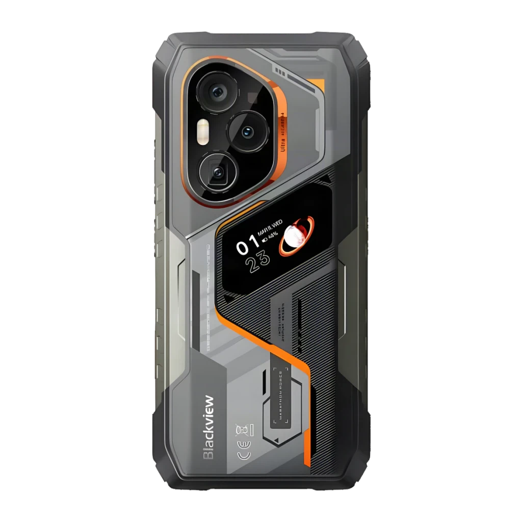 Capa traseira robusta Blackview XPLORE 6 em preto com detalhes laranja, módulo triplo de câmeras, tela secundária lateral e design industrial resistente