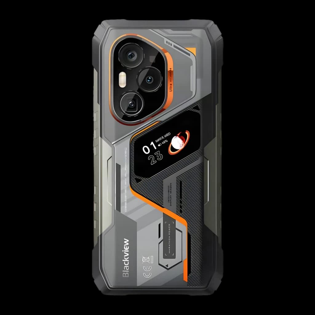 Capa traseira robusta Blackview XPLORE 6 em preto com detalhes laranja, módulo triplo de câmeras, tela secundária lateral e design industrial resistente