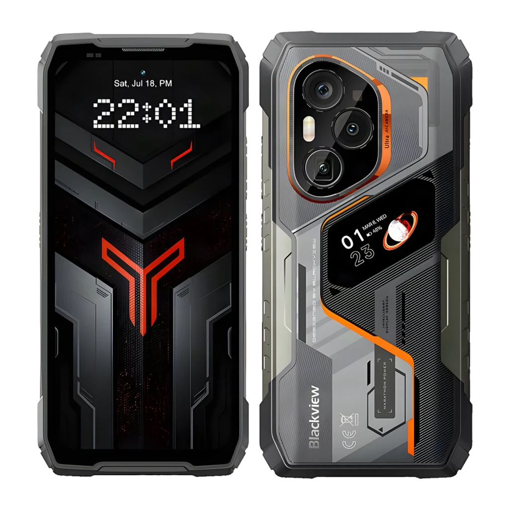 Blackview XPLORE 6 preto robusto com design industrial, traseira com três câmeras e detalhes laranja, tela frontal com relógio digital e moldura reforçada