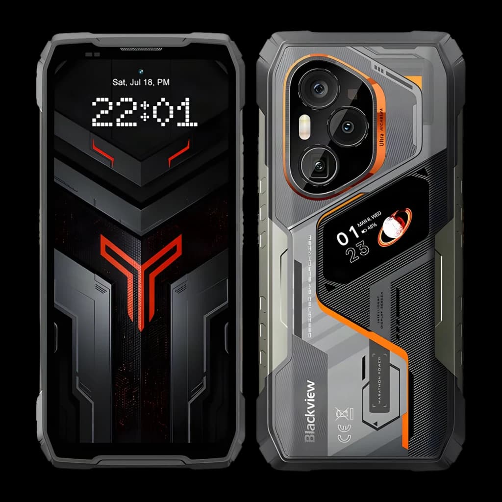 Blackview XPLORE 6 preto robusto com design industrial, traseira com três câmeras e detalhes laranja, tela frontal com relógio digital e moldura reforçada