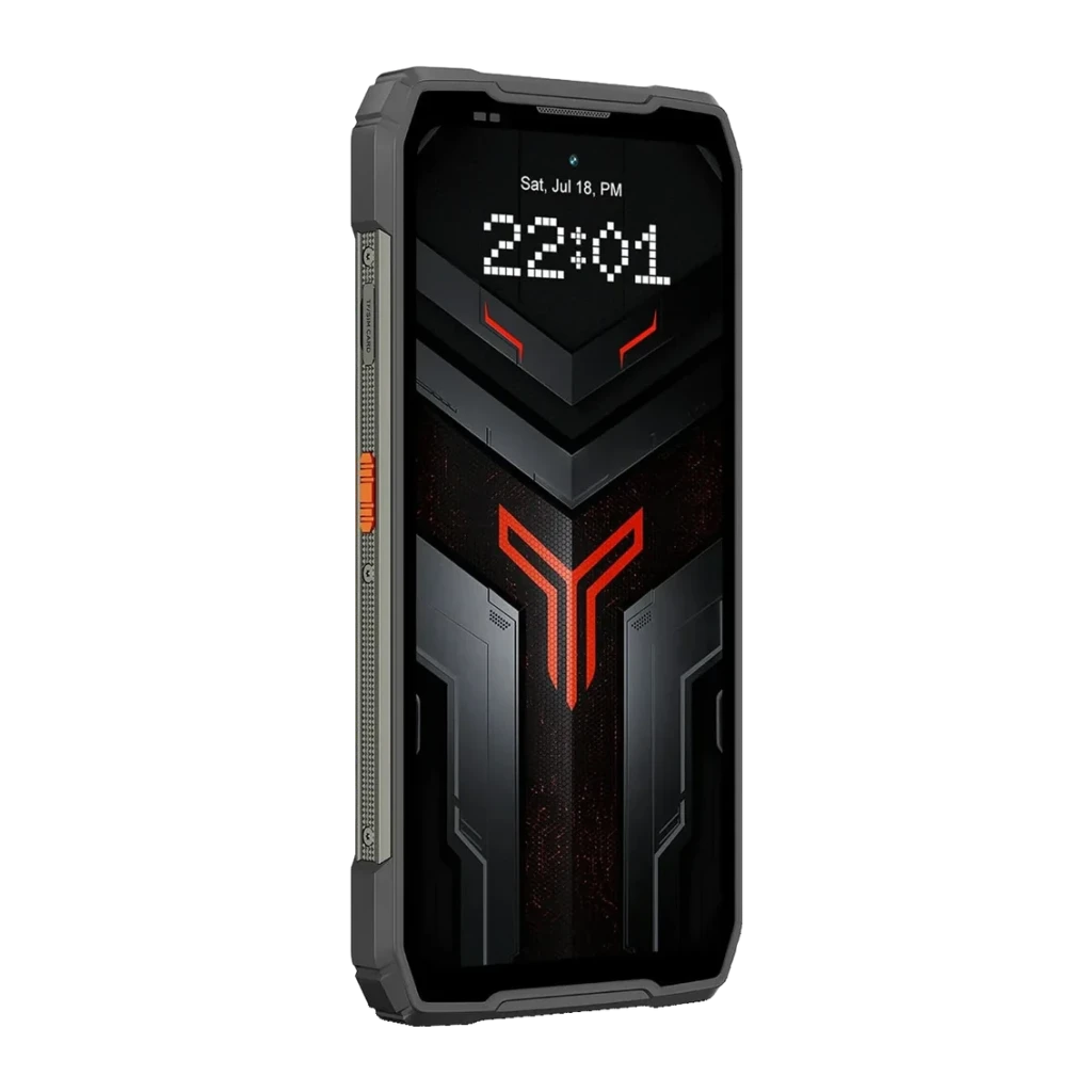Blackview XPLORE 6 18Go/1To Noir MIL-STD-810H IP68 IP69K 12000mAh 120W, vue avant en angle: écran allumé avec logo rouge