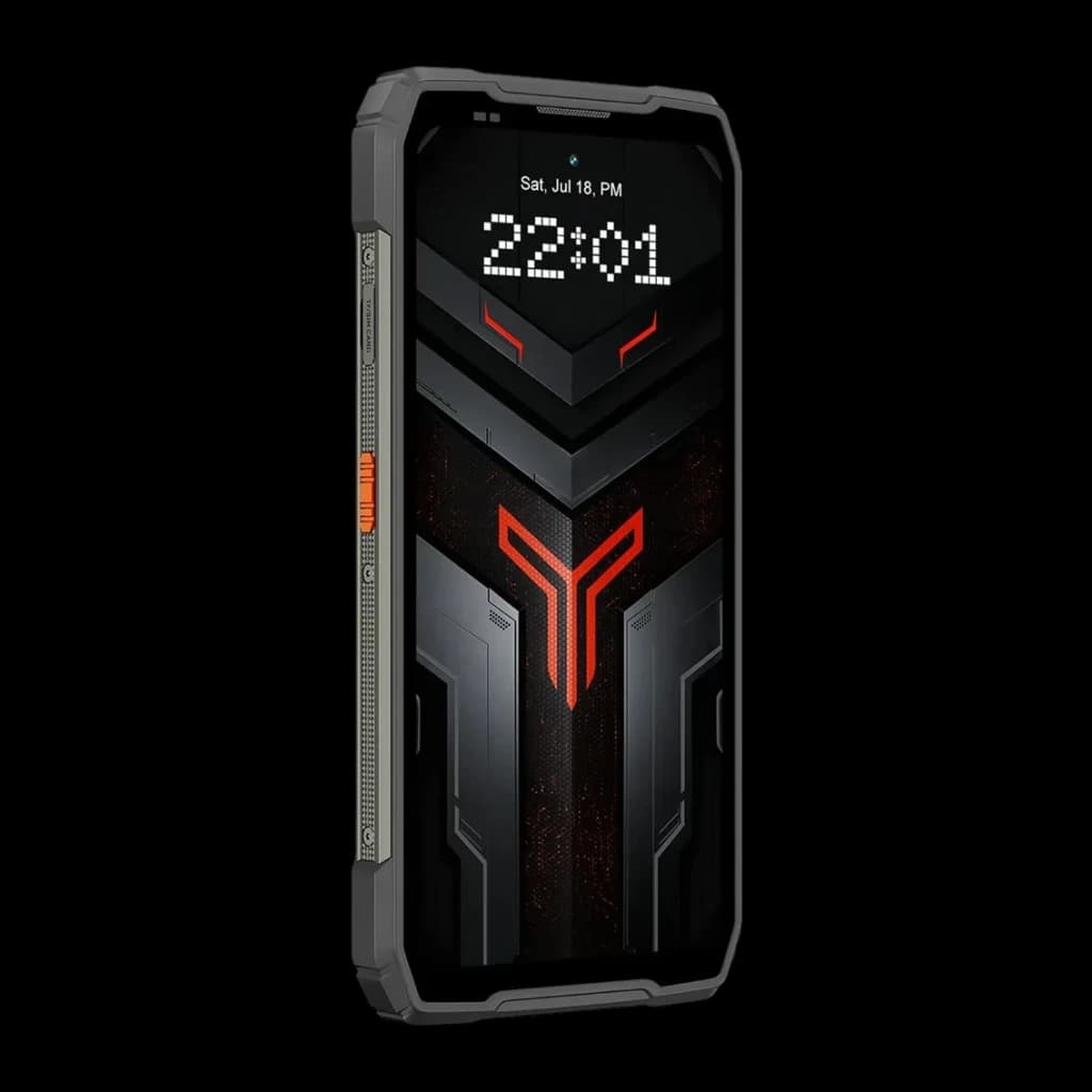 Blackview XPLORE 6 18Go/1To Noir MIL-STD-810H IP68 IP69K 12000mAh 120W, vue avant en angle: écran allumé avec logo rouge