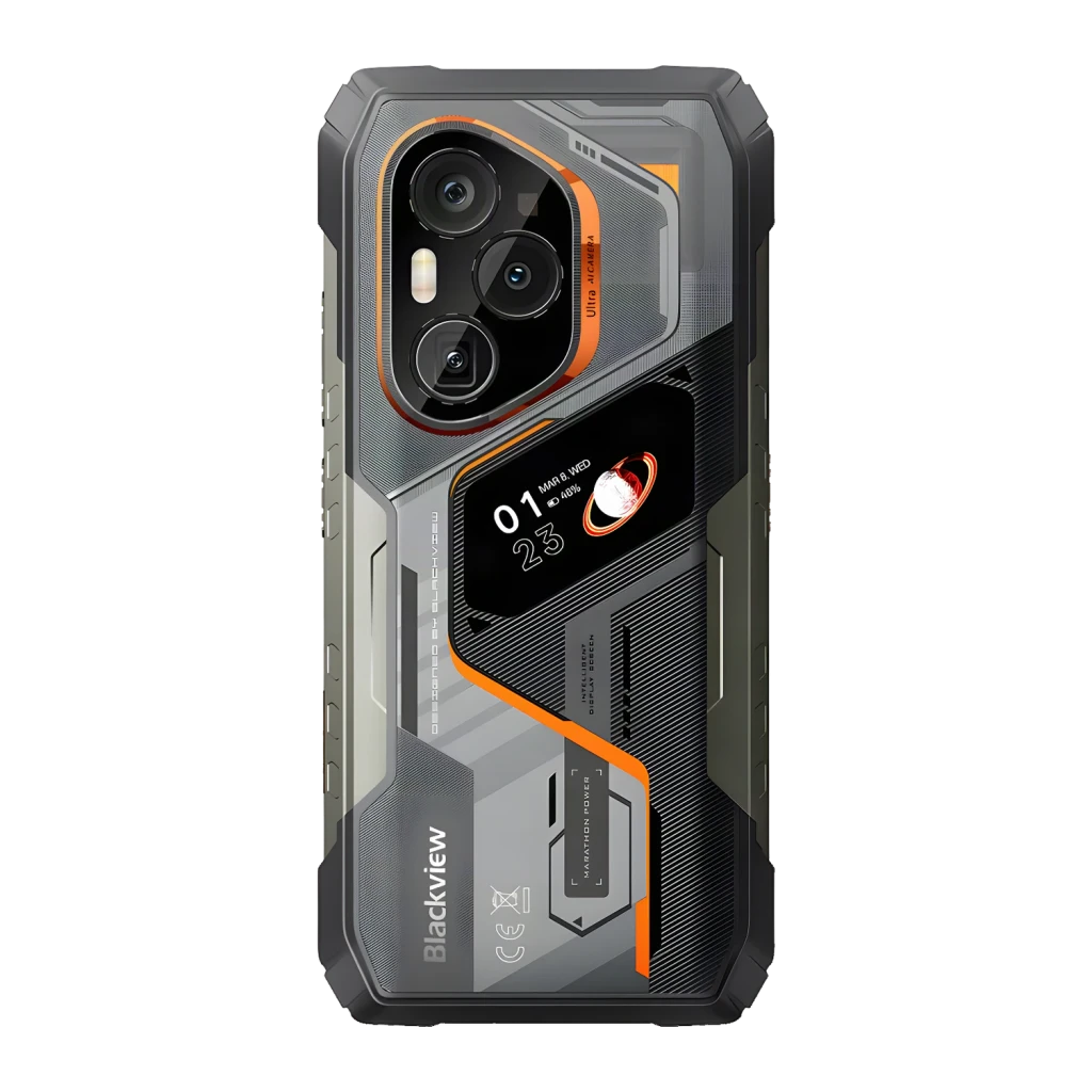 Blackview XPLORE 6 18Go/1To Noir MIL-STD-810H IP68 IP69K 12000mAh 120W, vue arrière: module triple caméra, écran secondaire
