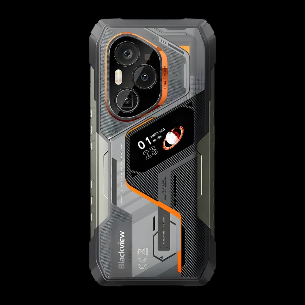 Blackview XPLORE 6 18Go/1To Noir MIL-STD-810H IP68 IP69K 12000mAh 120W, vue arrière: module triple caméra, écran secondaire