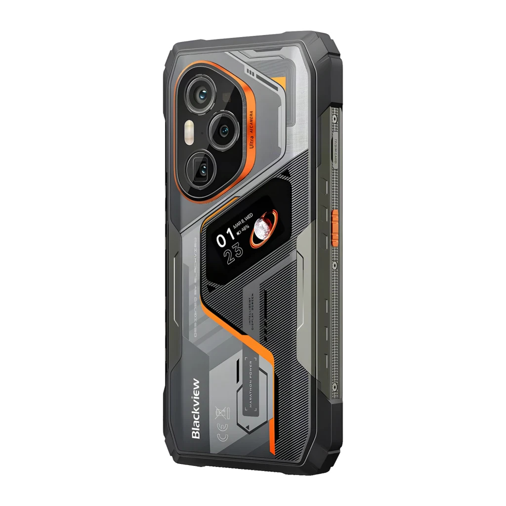 Blackview XPLORE 6 18Go/1To Noir MIL-STD-810H IP68 IP69K 12000mAh 120W, vue arrière en angle: module triple caméra, écran