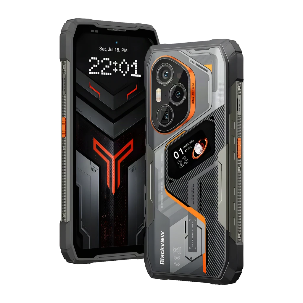 Blackview XPLORE 6 18Go/1To Noir MIL-STD-810H IP68 IP69K 12000mAh 120W, avant et arrière: écran avec heure, module triple