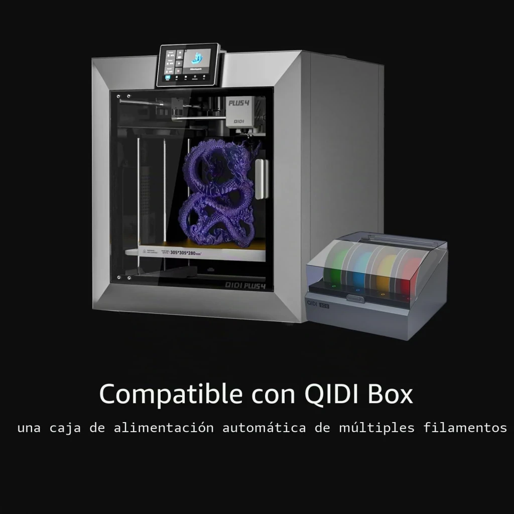 Impresora 3D Qidi Plus 4 FDM 600mm/s, vista frontal: impresora con dragón morado impreso y QIDI Box multifilamento