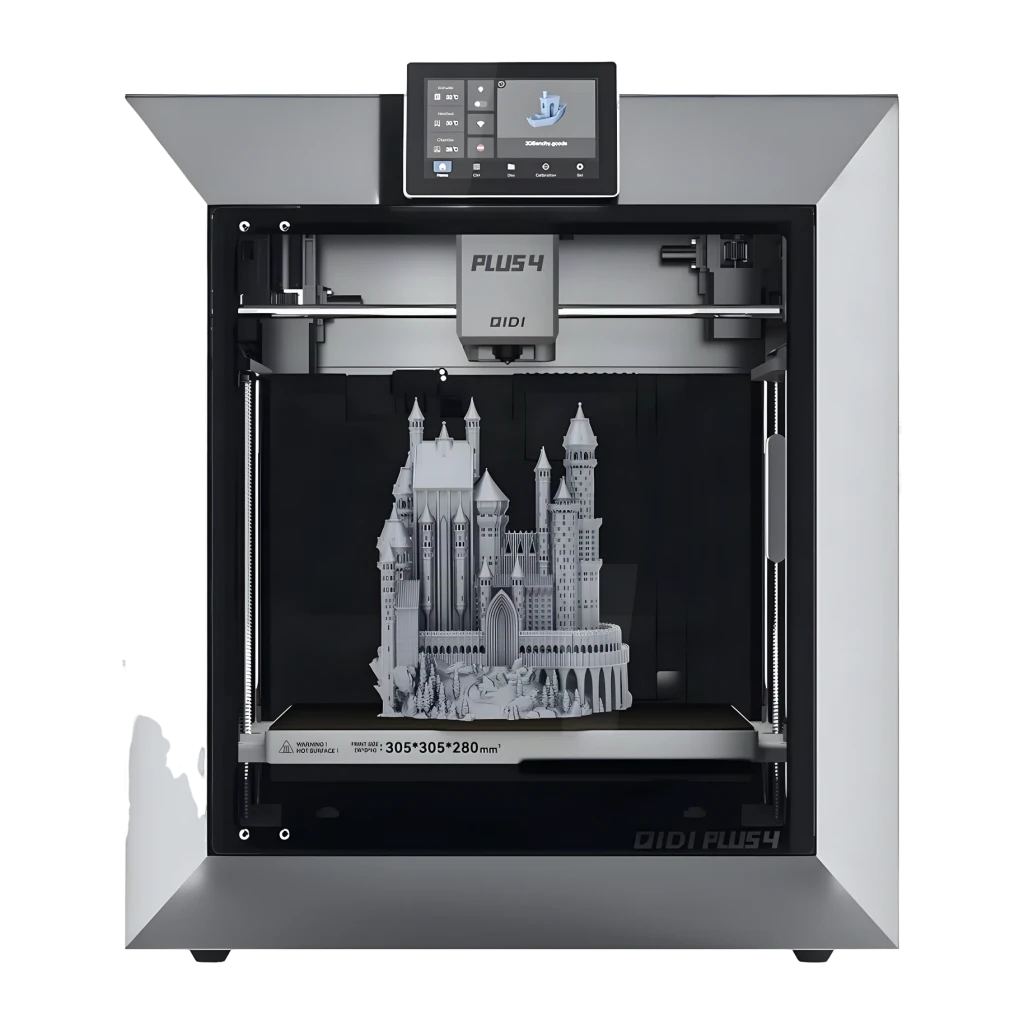 Impresora 3D Qidi Plus 4 FDM 600mm/s, vista frontal: castillo impreso en cama 305×305mm y pantalla táctil activa