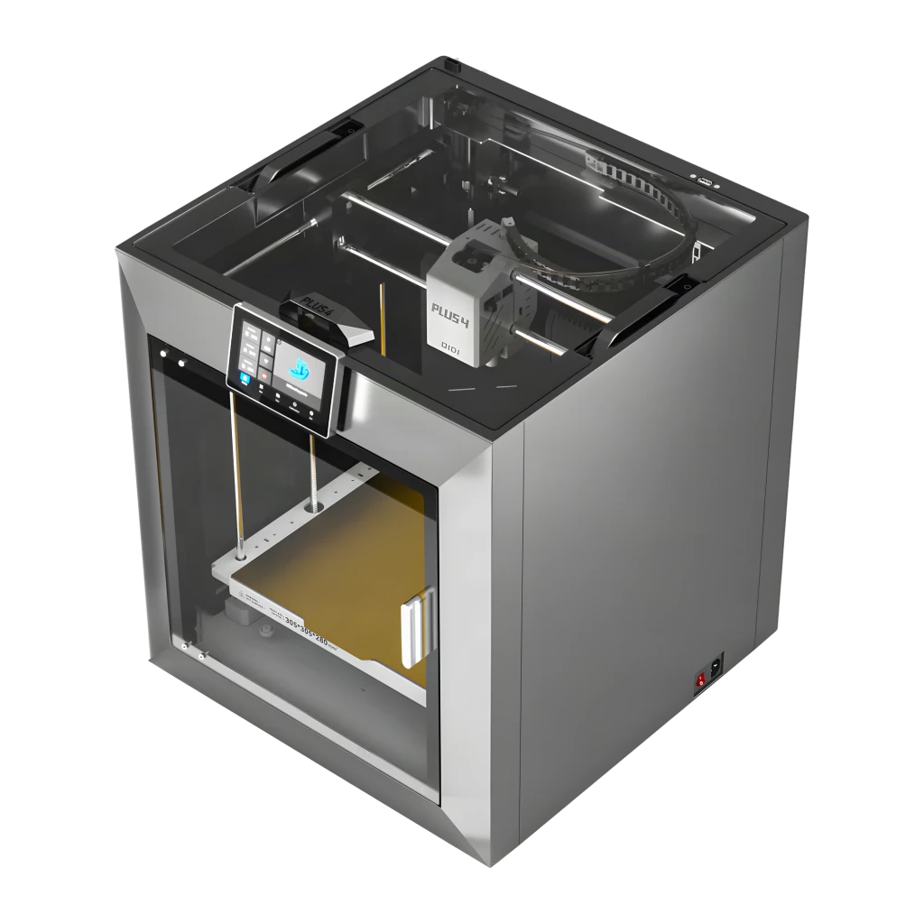 Impresora 3D Qidi Plus 4 FDM 600mm/s, vista en perspectiva: carcasa gris con tapa transparente, pantalla táctil y cama