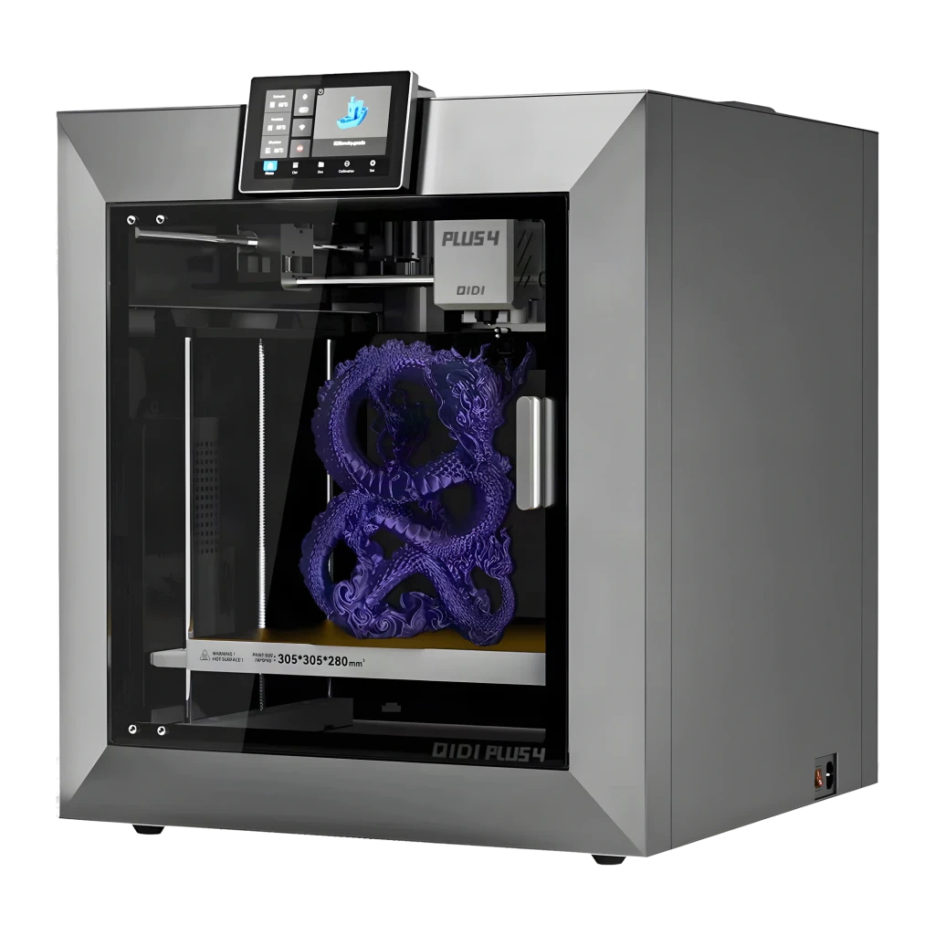 Impresora 3D Qidi Plus 4 FDM 600mm/s, vista en ángulo: dragón morado impreso en cama 305×305mm y pantalla táctil superior
