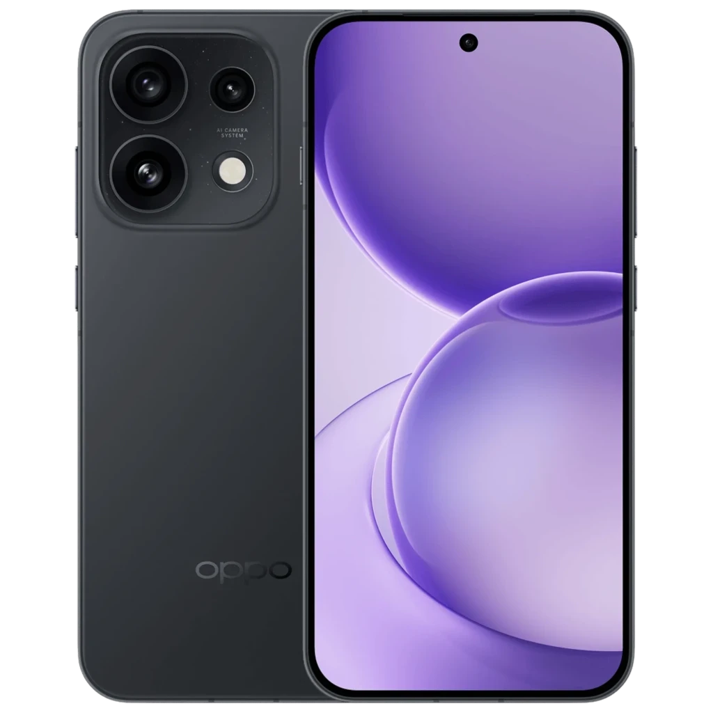 OPPO Reno16 Pro 5G negro estelar con pantalla AMOLED 6,32 pulgadas 144Hz, triple cámara trasera, frontal perforada centrada, con funda transparente y cargador