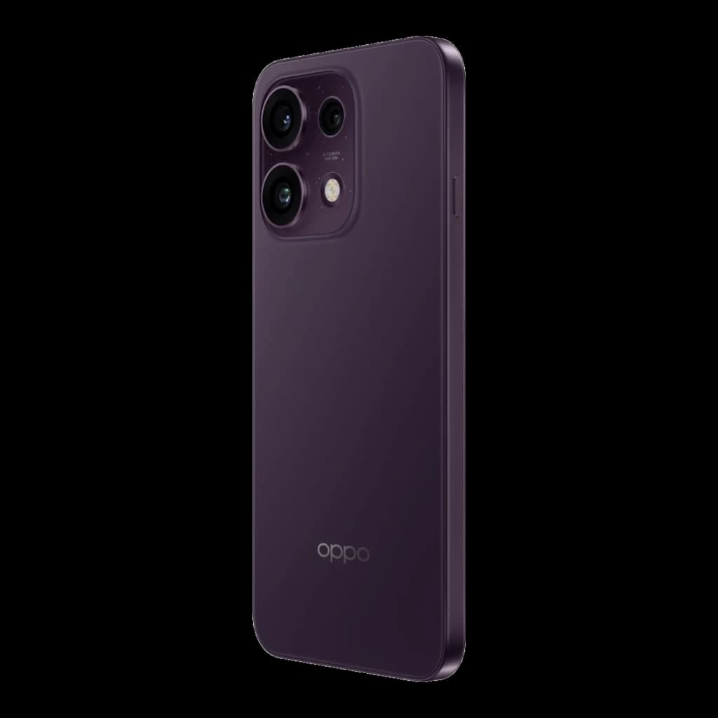 OPPO Reno16 FS 5G negro con trasera mate púrpura, módulo triple de cámara grande con flash, bordes planos y logo OPPO en la parte inferior