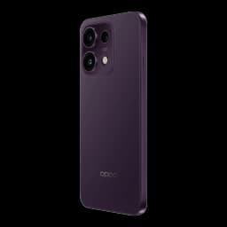 OPPO Reno16 FS 5G negro con trasera mate púrpura, módulo triple de cámara grande con flash, bordes planos y logo OPPO en la parte inferior