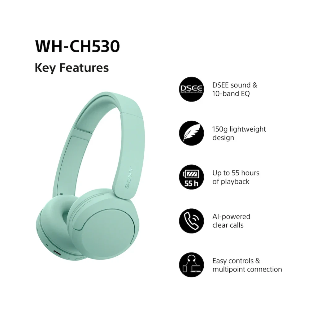 Sony Auscultadores WH-CH530 Verde, infográfico: vista lateral com características DSEE, 55h bateria e design 150g