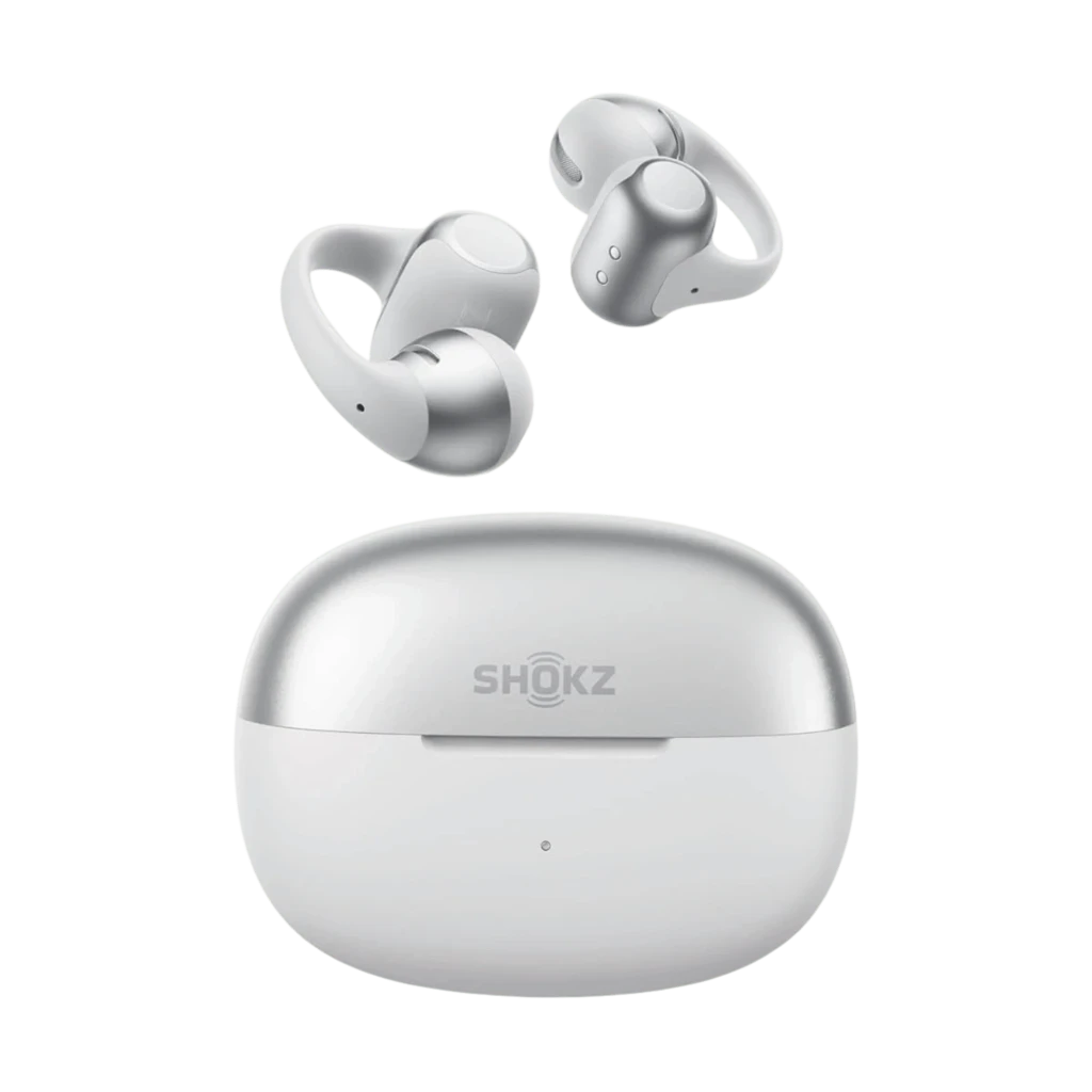 Auriculares SHOKZ OpenDots 2 grises tipo clip open ear con estuche de carga compacto; diseño curvo minimalista y acabado mate brillante