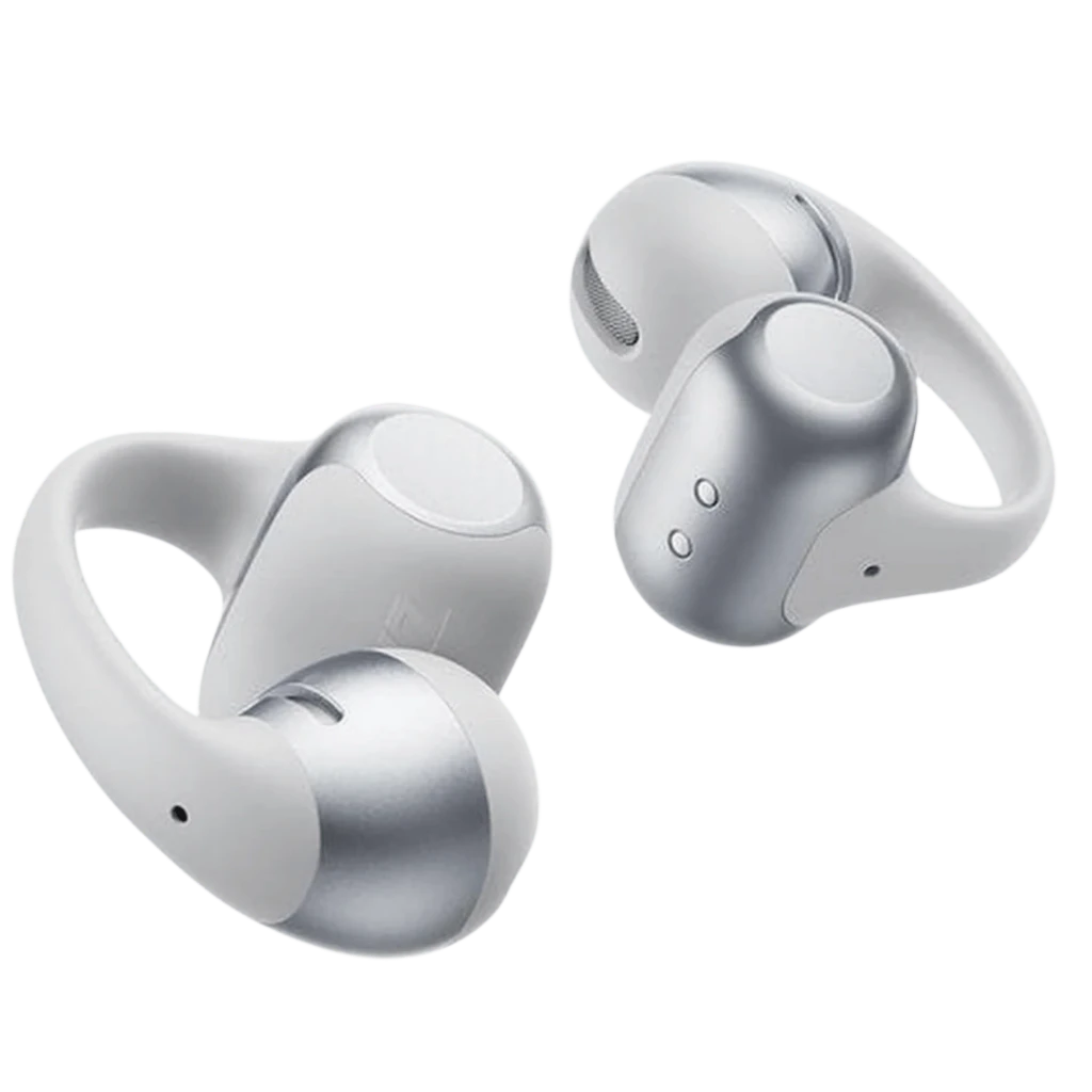 Auriculares SHOKZ OpenDots 2 Gris con diseño open-ear tipo clip, acabado mate y metálico, botones laterales y rejillas de altavoz; compactos y ergonómicos