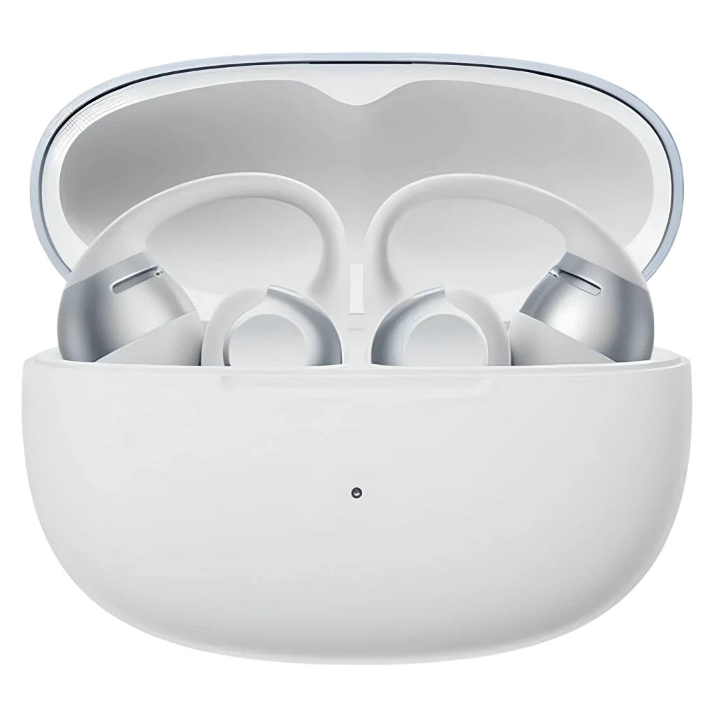 Auriculares SHOKZ OpenDots 2 gris con diseño open-ear tipo clip, cuerpo plateado y gomas blancas, en estuche de carga blanco compacto Bluetooth 6.1