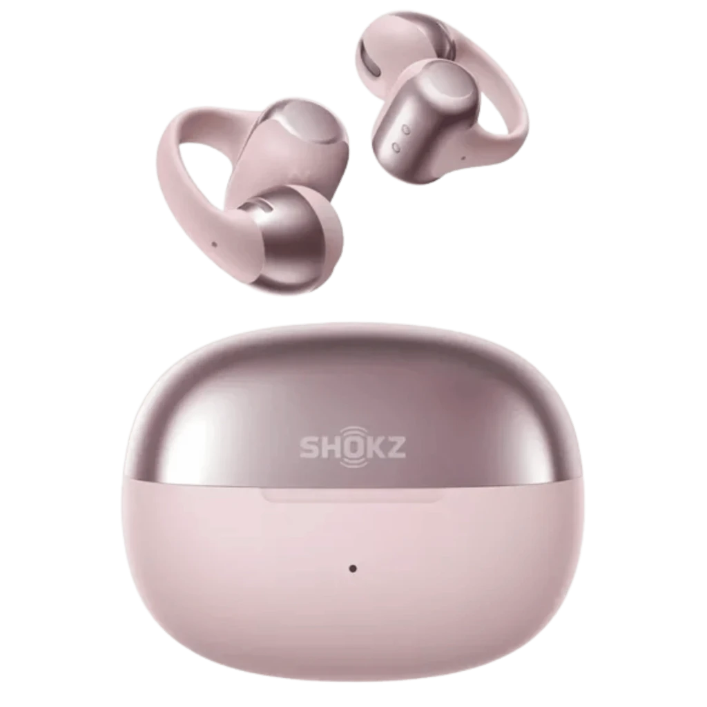 SHOKZ OpenDots ONE Rosa auriculares de clip en tono rosa metálico con estuche compacto a juego; diseño ergonómico, botones visibles y acabado mate brillante