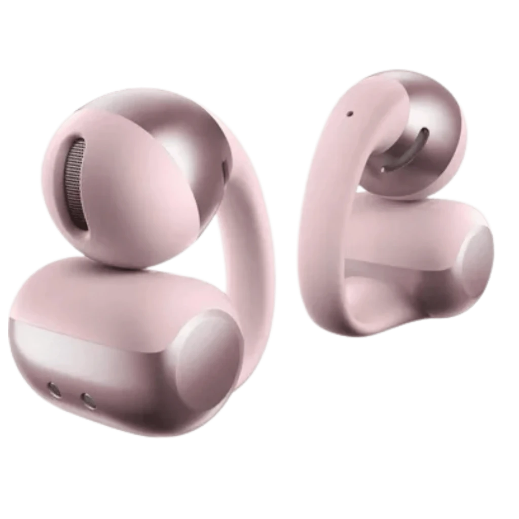 SHOKZ OpenDots ONE Rosa auriculares de clip: diseño ergonómico en tono rosa, acabado mate brillante, rejilla lateral y puertos frontales dobles