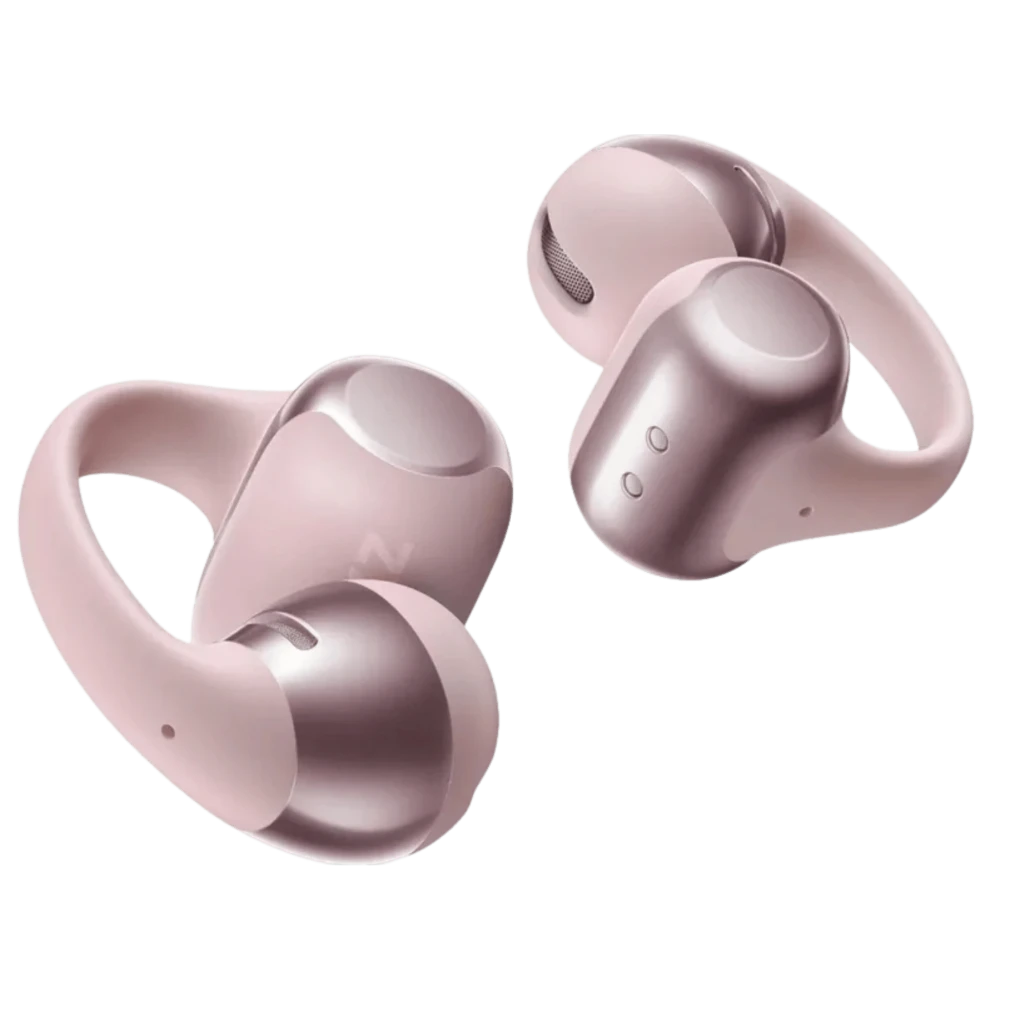 SHOKZ OpenDots ONE Rosa, auriculares de clip ergonómicos en rosa mate con diseño abierto, botones visibles y rejilla de altavoz, acabado suave y compacto