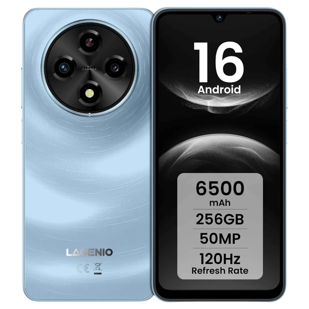 Lagenio A12 Pro Light Bluecon módulo de cámara trasera circular 50 MP, pantalla con notch en V, bordes delgados, cuerpo azul texturizado y 256GB ROM