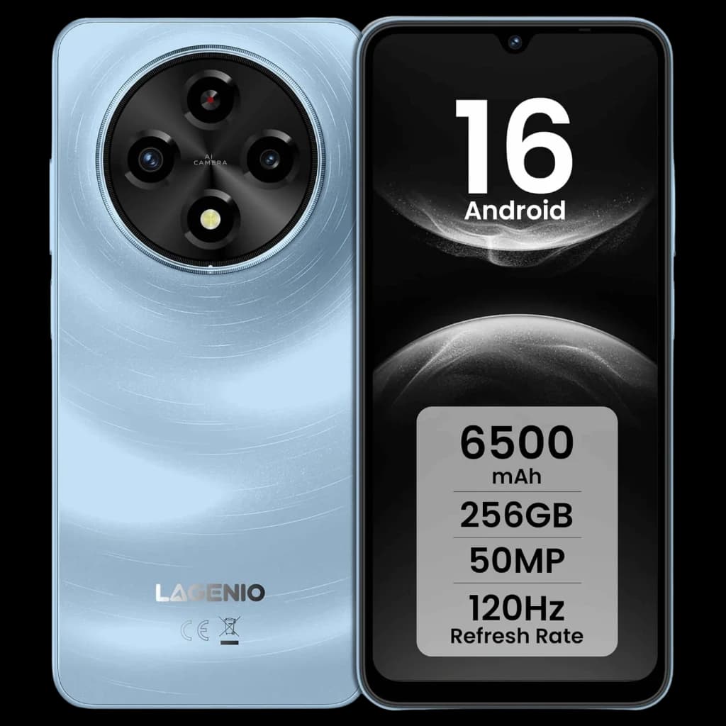 Lagenio A12 Pro Light Bluecon módulo de cámara trasera circular 50 MP, pantalla con notch en V, bordes delgados, cuerpo azul texturizado y 256GB ROM