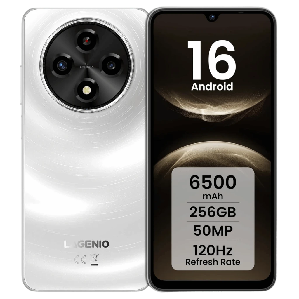 Lagenio A12 Pro blanco con pantalla 120Hz, cámara trasera circular triple 50MP, frontal en notch, cuerpo metalizado brillante, 8GB RAM y 256GB almacenamiento