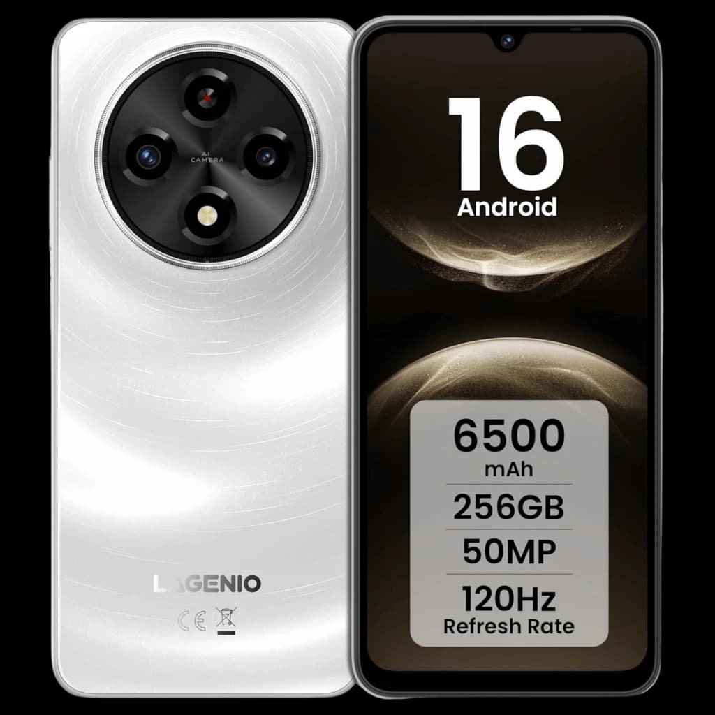 Lagenio A12 Pro blanco con pantalla 120Hz, cámara trasera circular triple 50MP, frontal en notch, cuerpo metalizado brillante, 8GB RAM y 256GB almacenamiento
