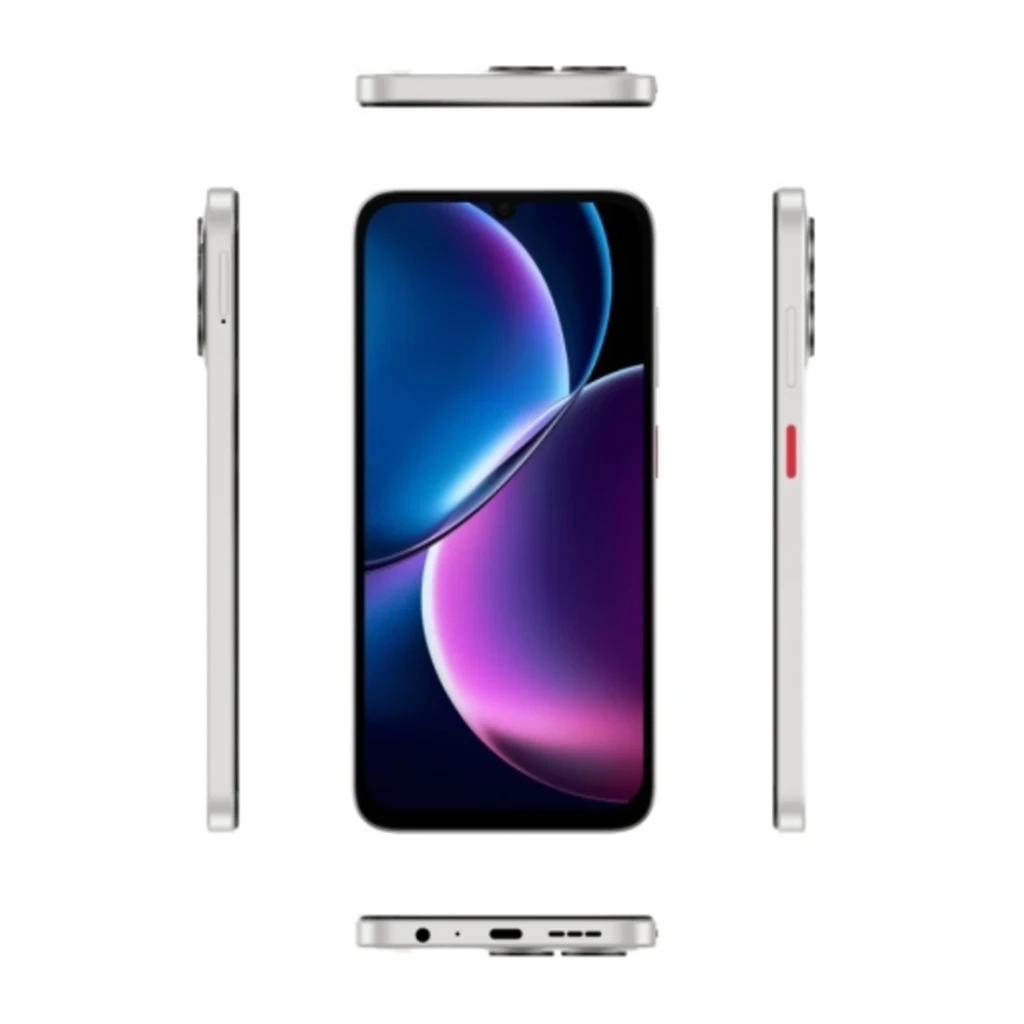ZTE Blade A57 argent avec écran 6,75 pouces à encoche goutte, bords fins. Module photo arrière discret, port USB-C, prise jack et bouton latéral rouge