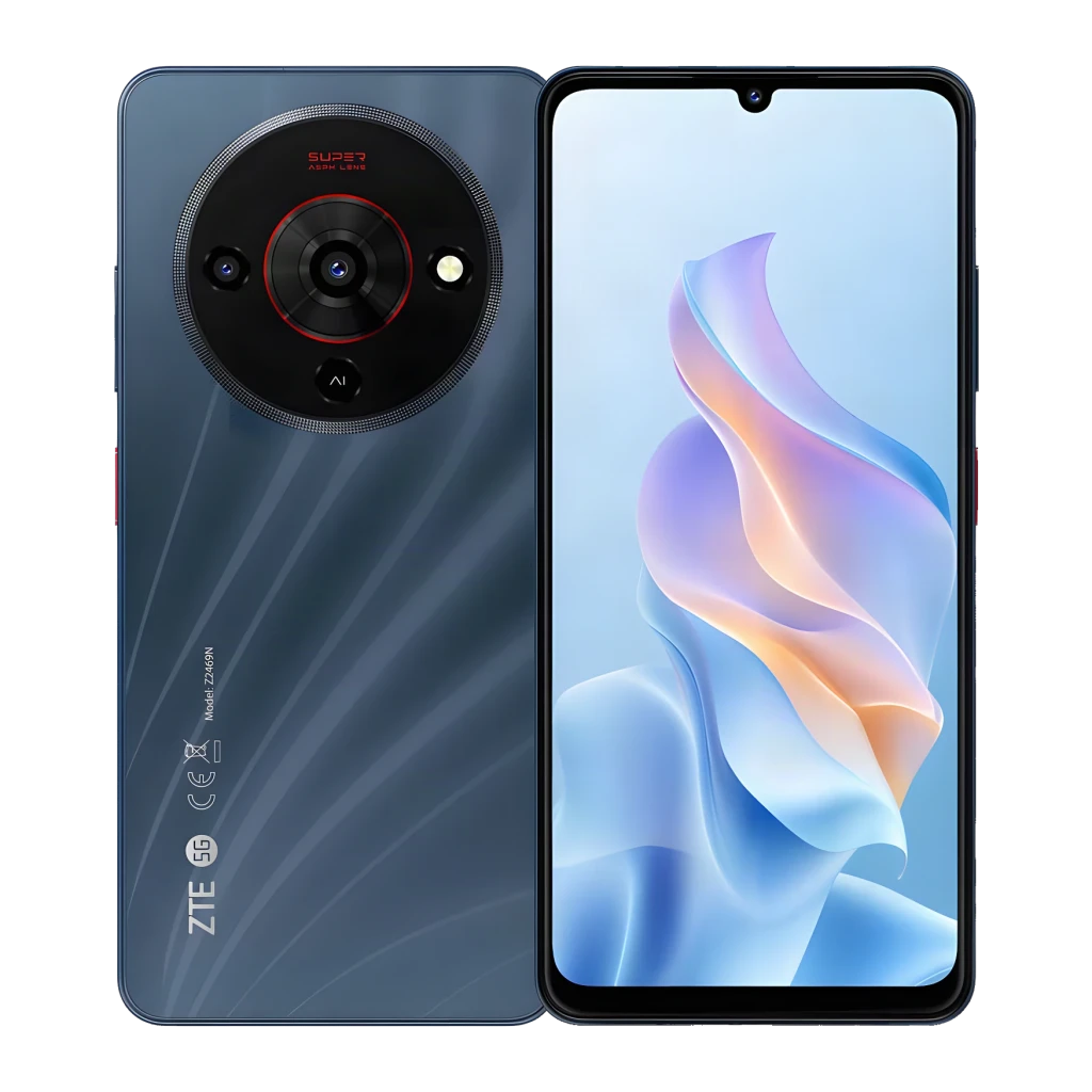 ZTE Blade A76 5G negro con gran pantalla de 6,75 pulgadas, notch en gota, cámara trasera circular con aro rojo y acabado trasero con ondas sutiles