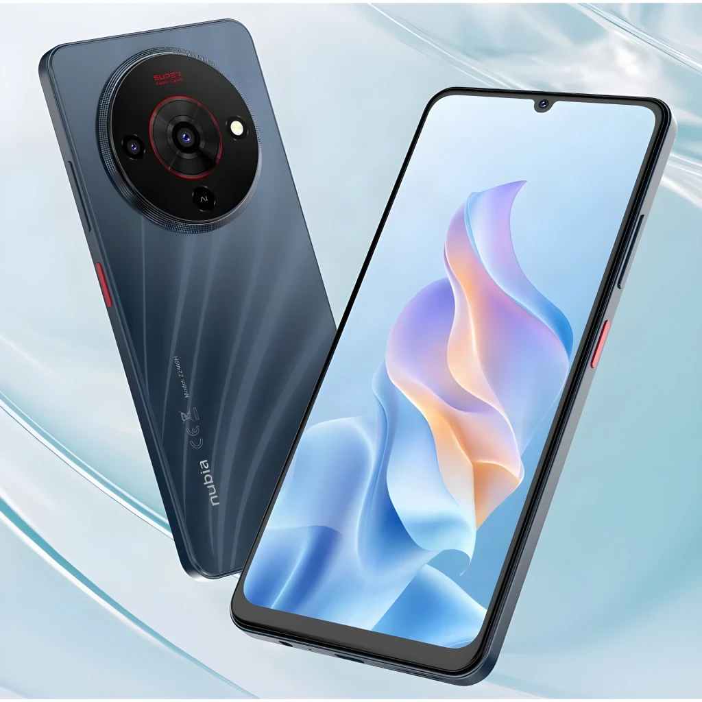 ZTE Blade A76 5G negro con pantalla de 6,75 pulgadas, notch en V, marcos finos y módulo de cámara triple circular destacado con aro rojo