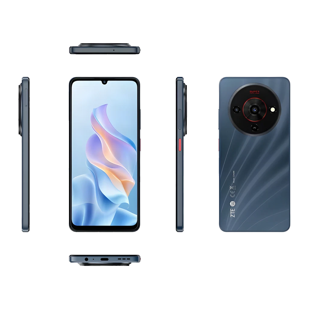 ZTE Blade A76 5G negro con pantalla de 6,75 pulgadas, notch en gota, bordes delgados, módulo de cámara circular con 50MP y puerto USB-C