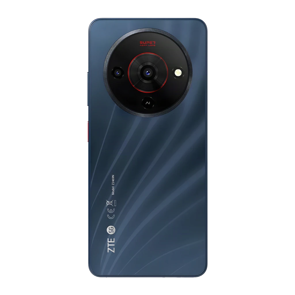 ZTE Blade A76 5G en negro con gran módulo de cámara circular triple, anillo rojo y texto SUPER AI CAMERA; tapa trasera con acabado azul ondulado elegante
