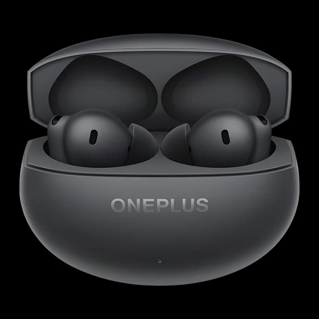 OnePlus Nord Buds 4 Noir, vue de face: étui ouvert avec les deux écouteurs, logo ONEPLUS et LED verte