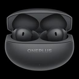 OnePlus Nord Buds 4 Noir, vue de face: étui ouvert avec les deux écouteurs, logo ONEPLUS et LED verte