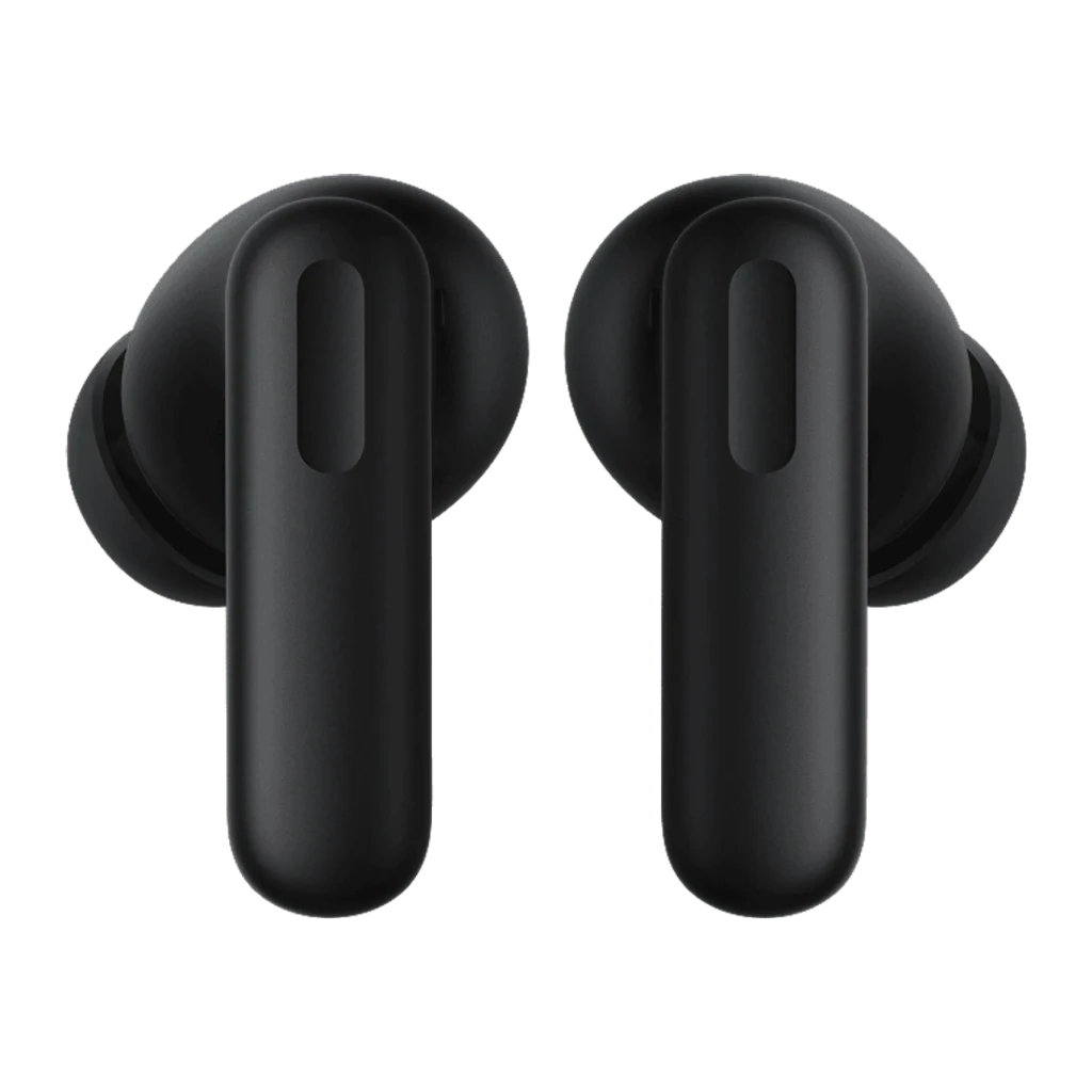 OnePlus Nord Buds 4 Noir, vue de face: les deux écouteurs in-ear noirs avec fente ovale sur la tige