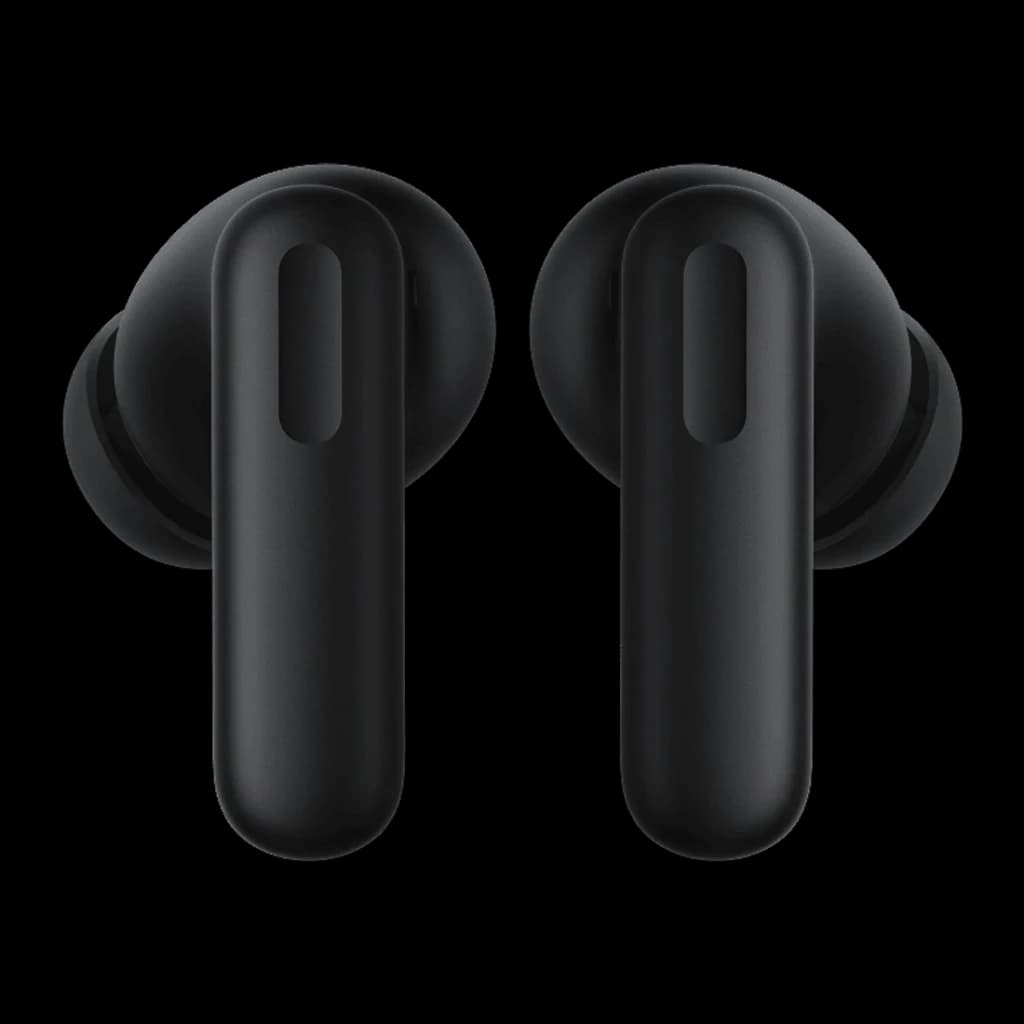 OnePlus Nord Buds 4 Noir, vue de face: les deux écouteurs in-ear noirs avec fente ovale sur la tige