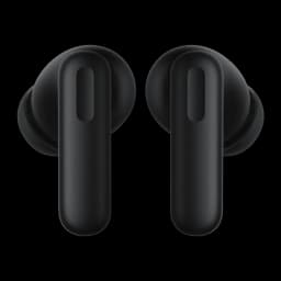 OnePlus Nord Buds 4 Noir, vue de face: les deux écouteurs in-ear noirs avec fente ovale sur la tige