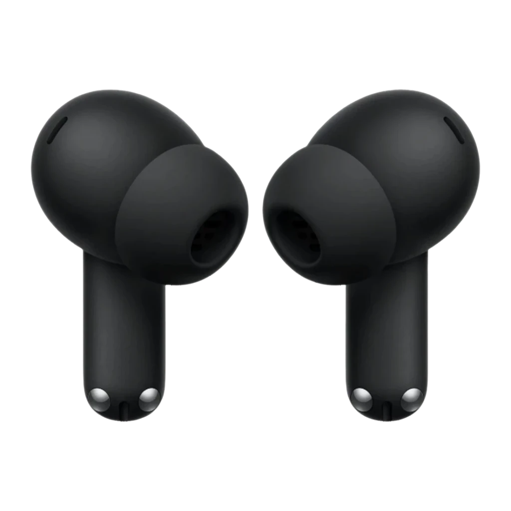 OnePlus Nord Buds 4 Noir, vue de face: les deux écouteurs in-ear noir mat avec embouts en silicone et contacts argentés