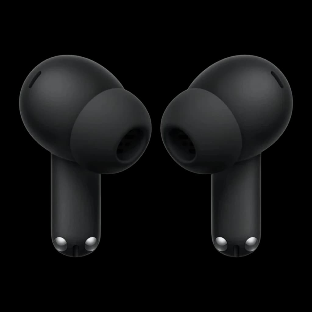 OnePlus Nord Buds 4 Noir, vue de face: les deux écouteurs in-ear noir mat avec embouts en silicone et contacts argentés
