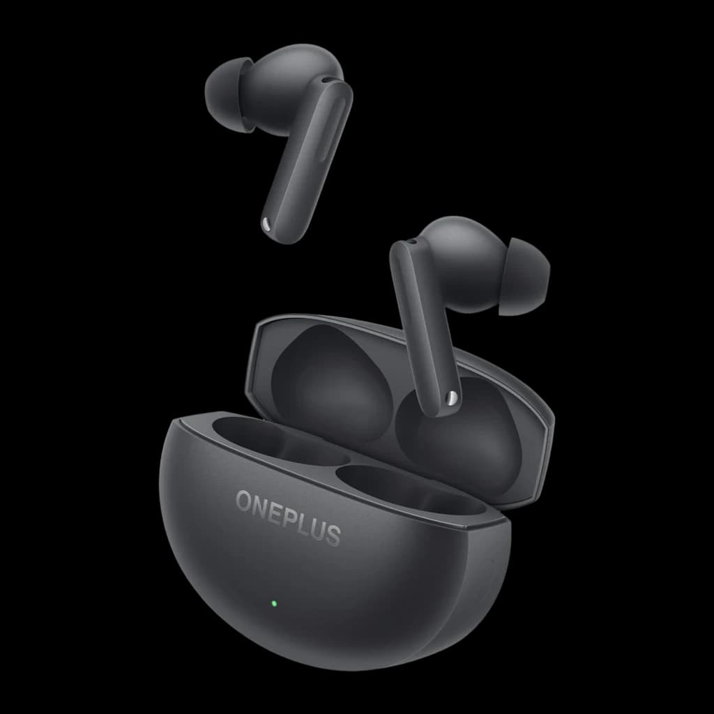 OnePlus Nord Buds 4 Noir, vue avant: étui ouvert avec logo ONEPLUS et LED verte, écouteurs flottant au-dessus