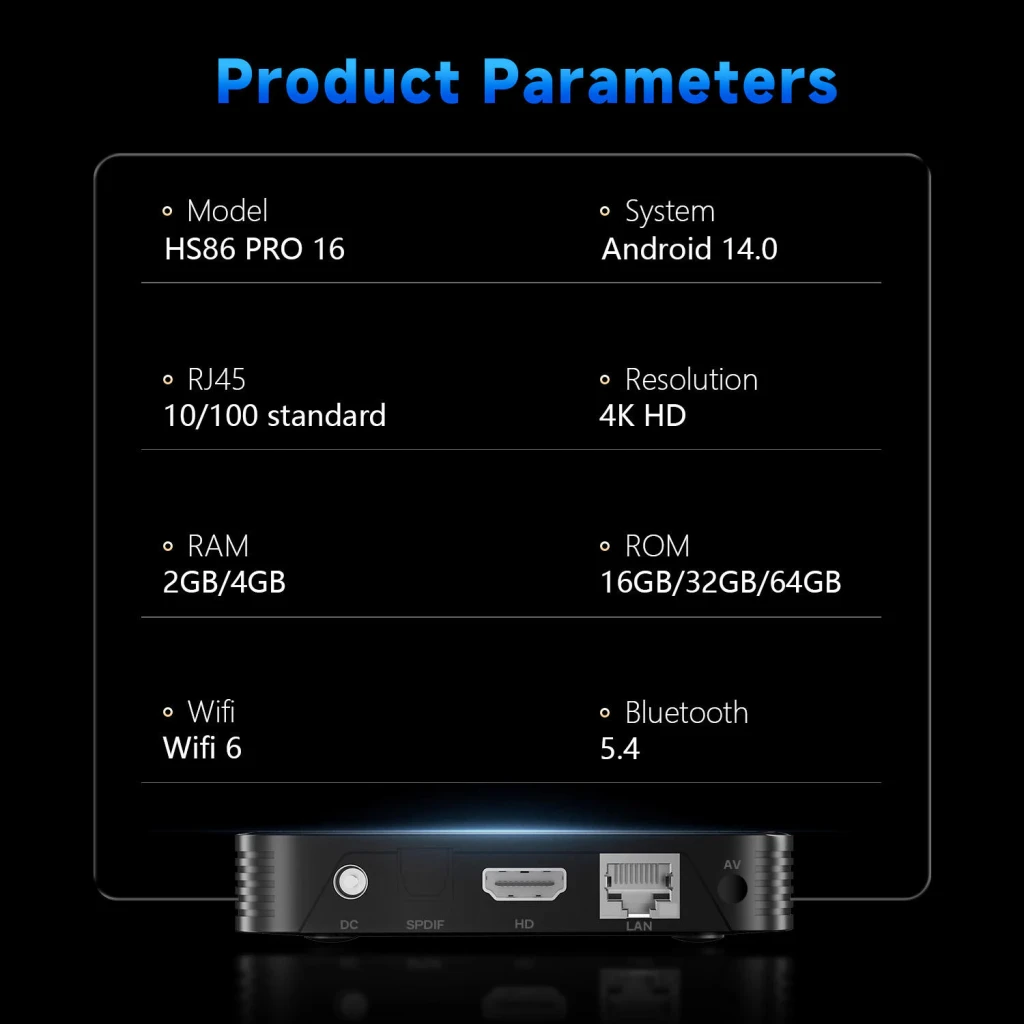 Reproductor Multimedia Samsung HS86 PRO 16 Amlogic 2GB/16GB 4K Android TV 14 S905Y5, especificaciones: Android 14, 4K, WiFi