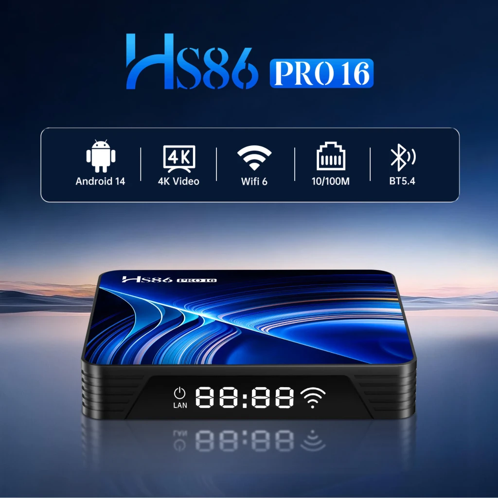 Reproductor Multimedia Samsung HS86 PRO 16 Amlogic 2GB/16GB 4K Android TV 14 S905Y5, vista frontal: tapa azul con logo