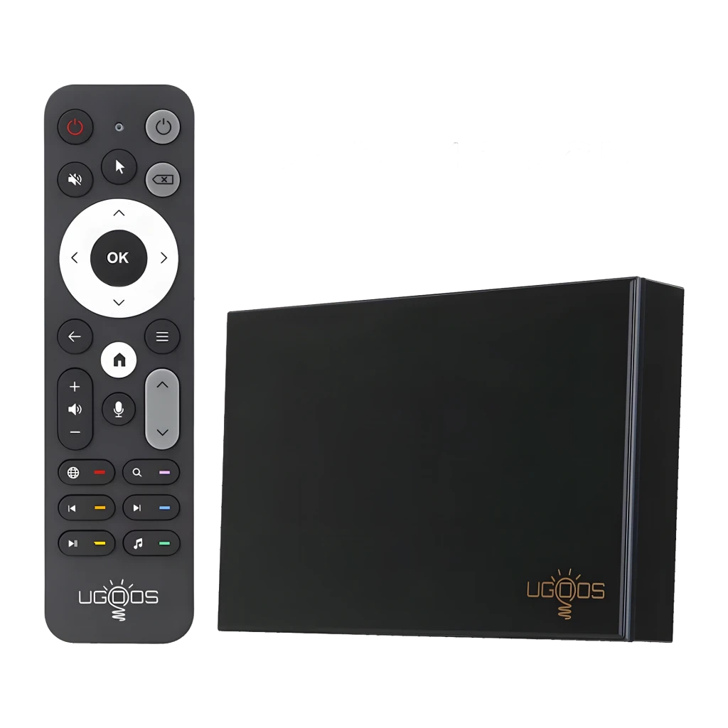 Lecteur Multimédia Ugoos SK3 8Go/128Go 8K WiFi 6 Android 12, vue avant: boîtier noir avec logo doré et télécommande complète